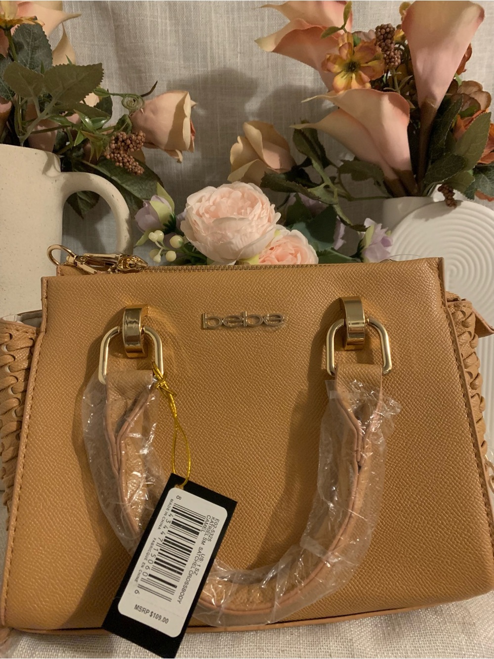 bebe Tan Pebbled Crossbody Satchel with Gold Hardware